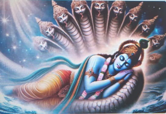 Shiva has Vasuki around his neck and Lord Vishnu rests on Sheshnag.