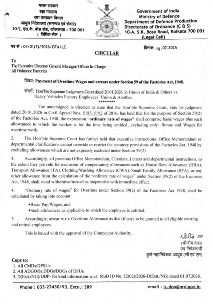 UP NEWS: Major victory for Ordnance Factory employees; order issued for payment of overtime arrears following the sustained struggle of the Bharatiya Pratiraksha Mazdoor Sangh. UP NEWS: Major victory for Ordnance Factory employees; order issued for payment of overtime arrears following the sustained struggle of the Bharatiya Pratiraksha Mazdoor Sangh.